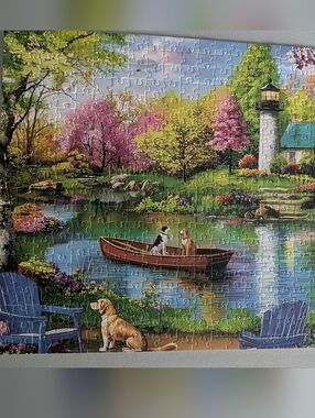 🧩3 For $25 - Cherry Blossom Spring at the Pond With Dogs 500 Pc Jigsaw Puzzle